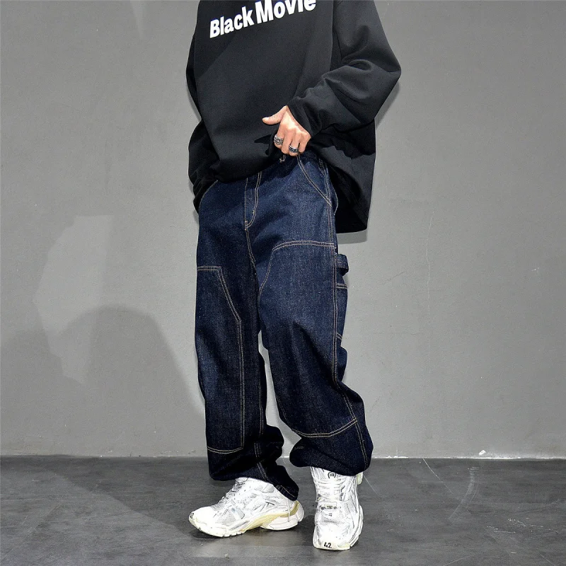 Japanese Trendy Loose Straight Original Denim Cargo Pants, Men's Casual All-match Streetwear Trousers