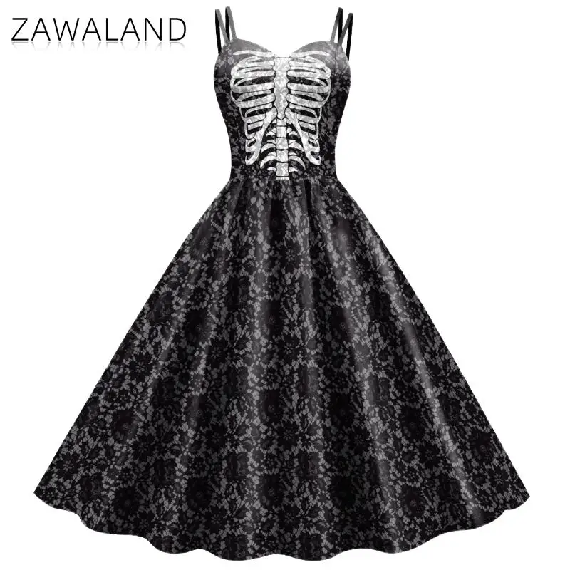 Zawaland Halloween Fancy Skeleton Rose Print Women Dress Girl Carnival Party Dresses Female Goth Horror Costume Rockabilly Dress