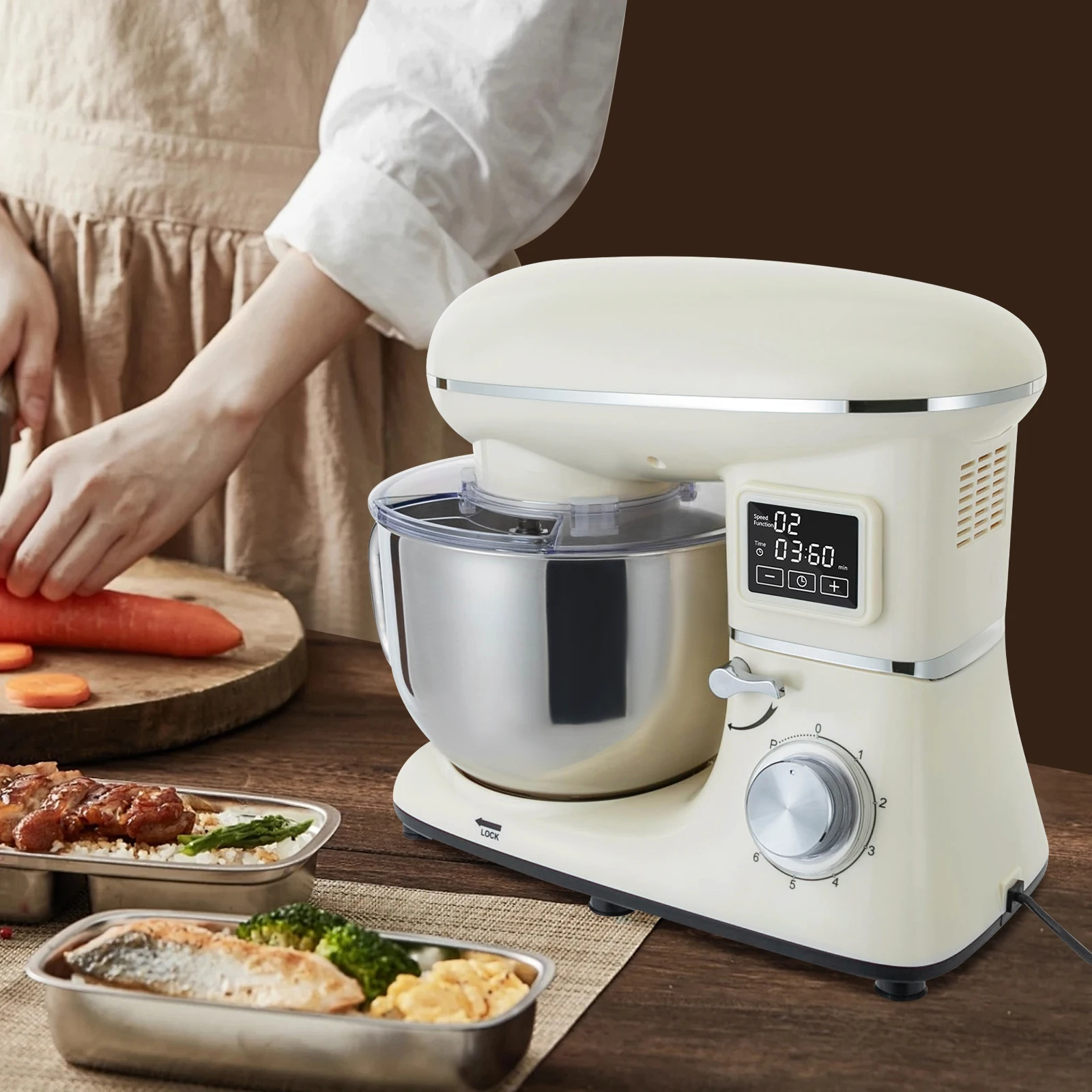 1500W Kitchen Mixer White with LCD Screen Display Kitchen Mixing Machine 6.2L Pure Copper Motor Knob Control SM-1505HL