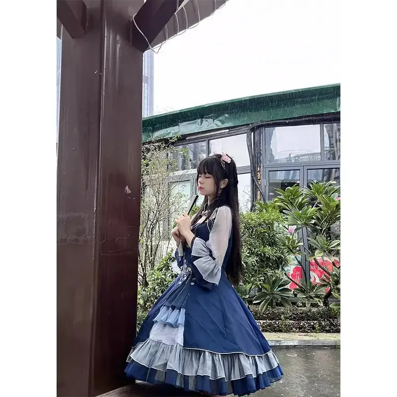 Chinese Style Han Element Lolita Dress Women Vintage Blue Patchwork Middle Sleeve Elegant Flower Print Princess Dresses