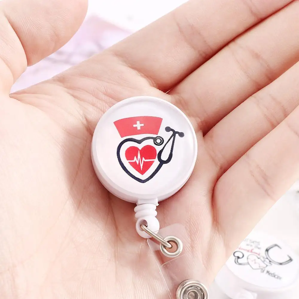 Love Heart Stethoscope Pattern Creative ID Card Badge Holder Anti-Lost Clip for Nurse Doctor Student Badge Reel Clip