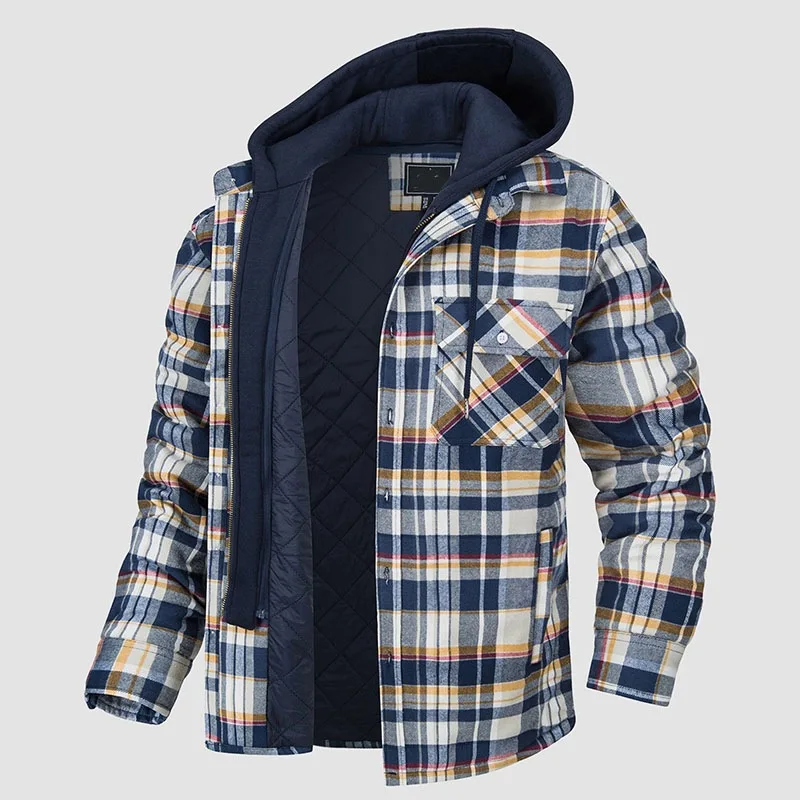 Men\'s Winter Flannel Cotton Shirt Warm Jacket With Hood Long Sleeve Quilted Lined Plaid Button Down Thick Hoodie Outwear Coats