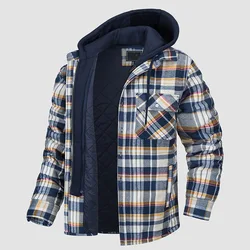 Men's Winter Flannel Cotton Shirt Warm Jacket With Hood Long Sleeve Quilted Lined Plaid Button Down Thick Hoodie Outwear Coats