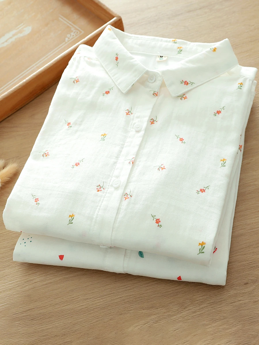 

Женский мягкий, приятный для кожи топ из чистого хлопка Long Sve irt с цветочным принтом, удобный дышащий свободный крой на пуговицах