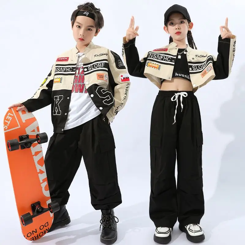 Girls Locomotive Jacket Black Hip-Hop Pants Jazz Performance Costume Boys Streetwear Rave Fashion Kids Kpop Clothes