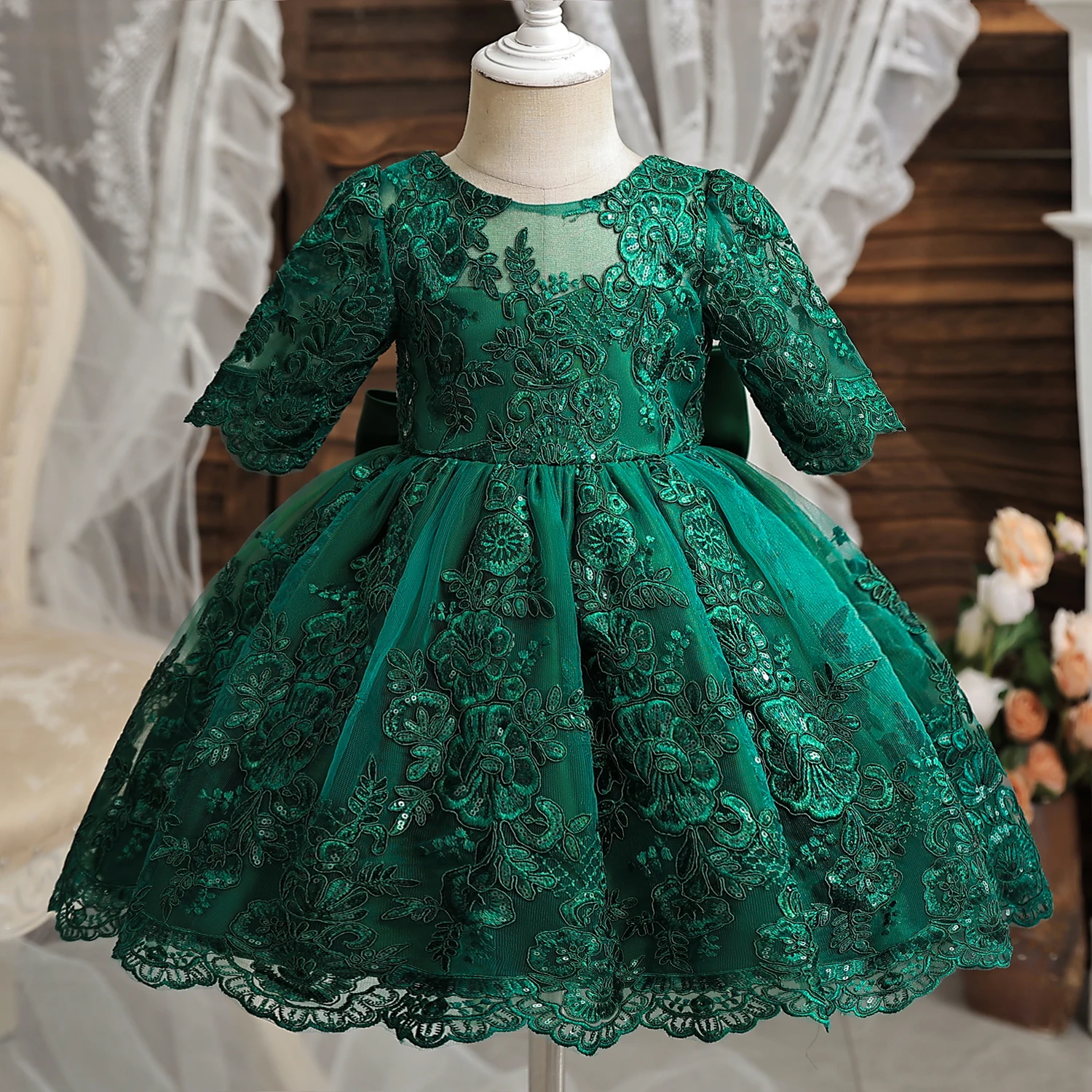 Baby Christmas Dress for Girls Toddler Kids Long Sleeve Lace 1st Birthday Clothes Little Girls Tutu Princess Wedding Party Gown