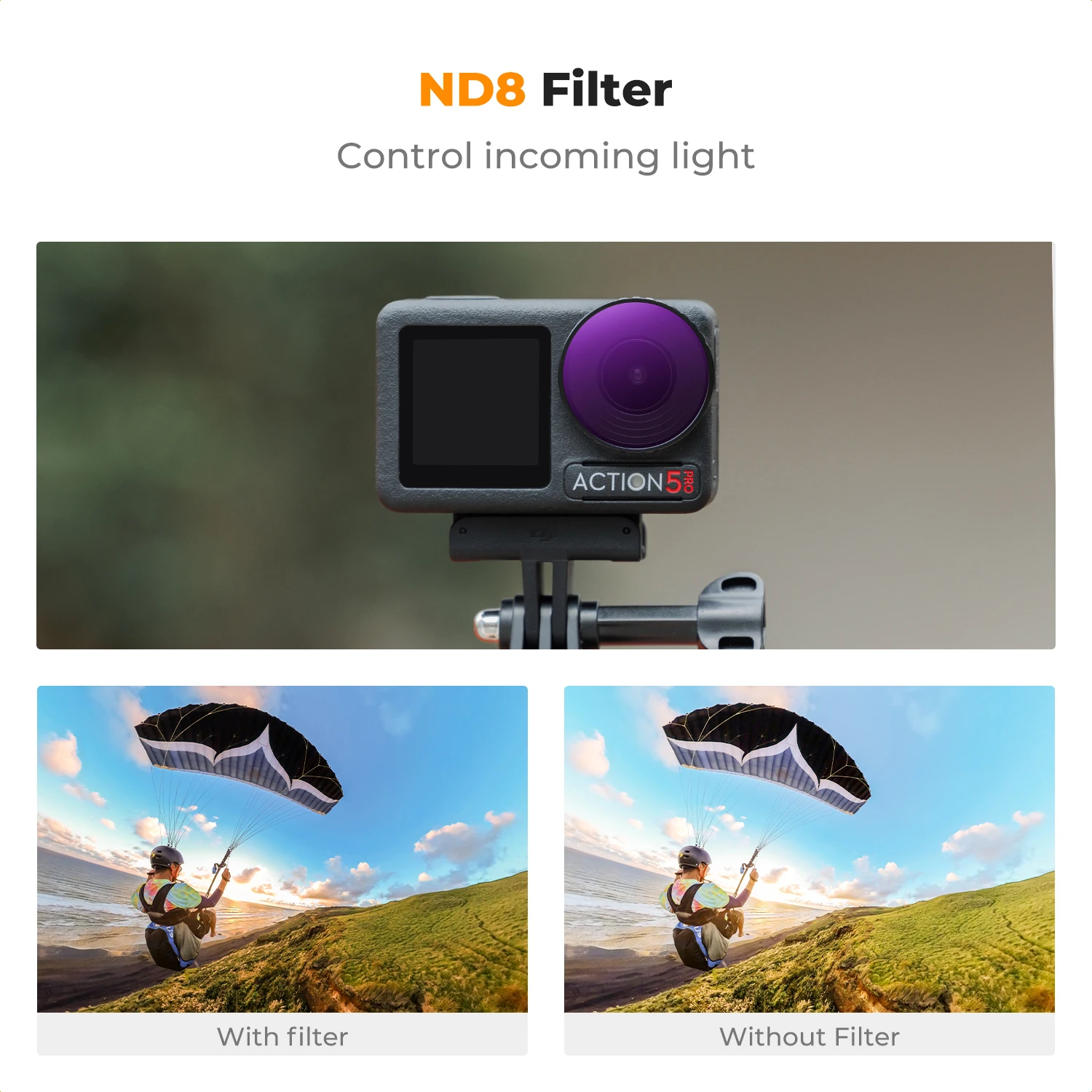 K&F CONCEPT ND8 (3 Stop) Lens Filter for DJI Osmo Action 4 & 5 Pro 28 Multi-Coated Neutral Density Light Reduction Glass Frame view 3