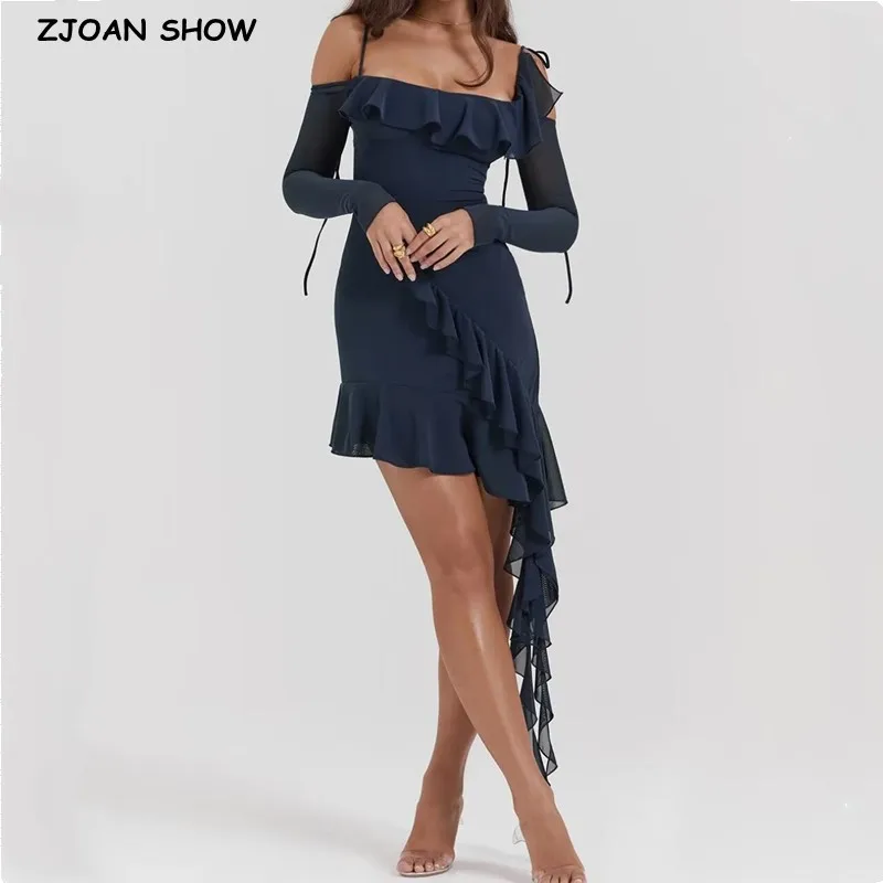 

2023 Sexy Irregular Wood ears Slash Collar Off Shoulder Full Sleeve Mesh Dress Women Ruffles Asymmetric Hem Mini Party Robe