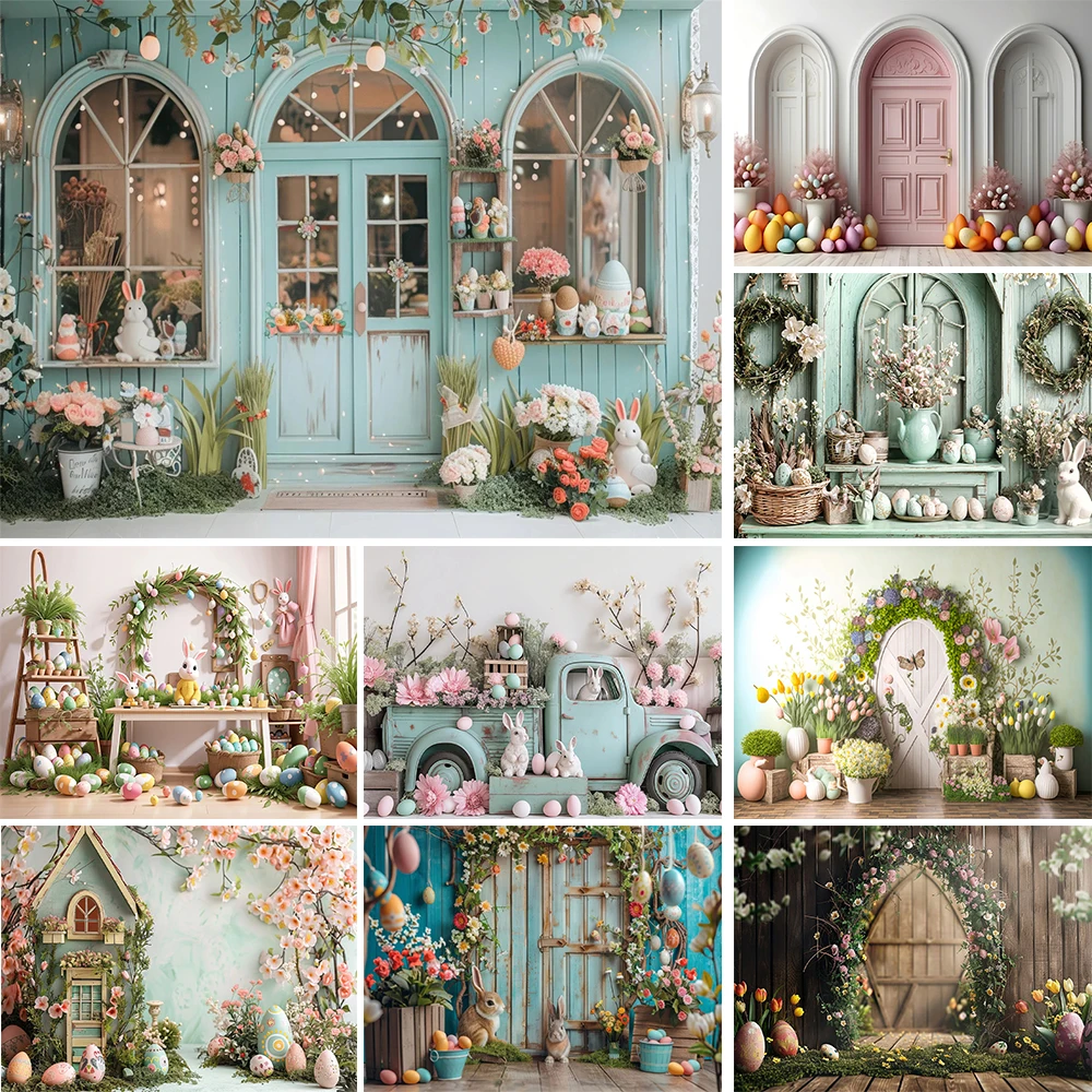 

Spring Easter Background for Studio Photography Bunny Floral Eggs Rustic Door Backdrop Child Birthday Cake Smash Photo Studio