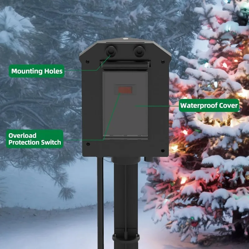 Outdoor Power Strip Weatherproof, 50 FT Extension Cord with Power Stake, 6 Grounded Outlets for Outdoor Lights