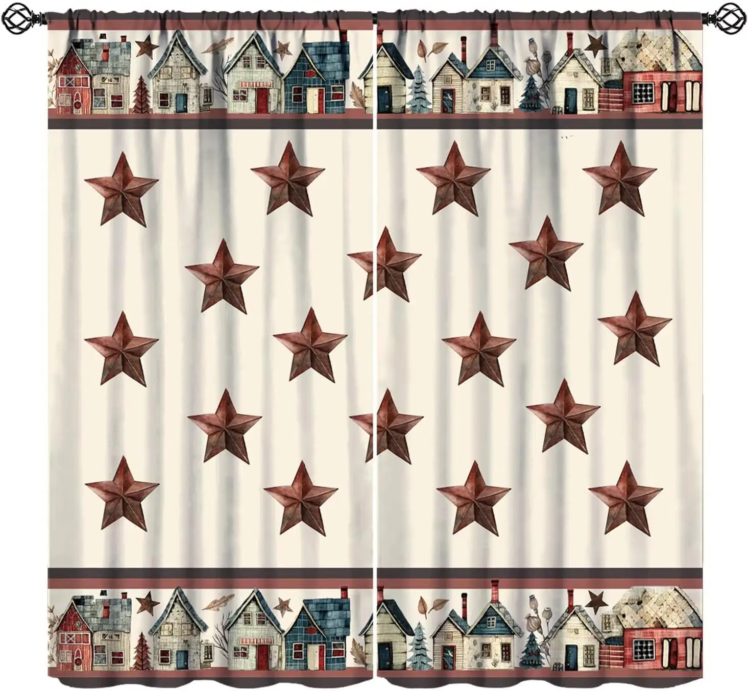 Primitive House Star Window Curtain 2 Panels, Cartoon Country Cabin Rustic Metal Star Border Print Cream Background Curtain