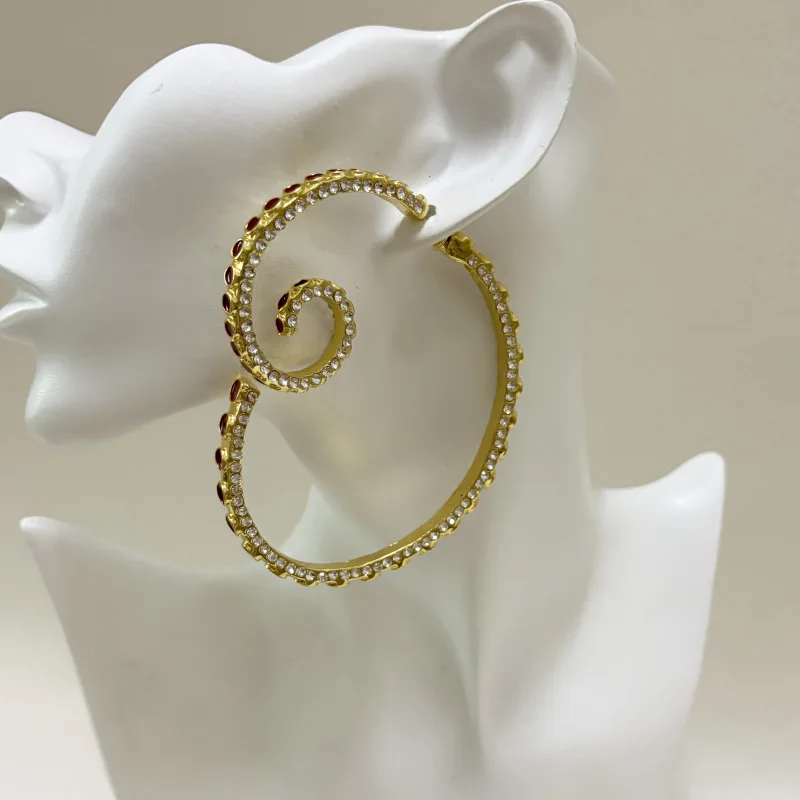 Trendy High End Statement Spiral Rhinestone Hoop Earrings, Exaggerated Drip Oil Polka Dot Front Back Wear Party Runway Ear Ornam