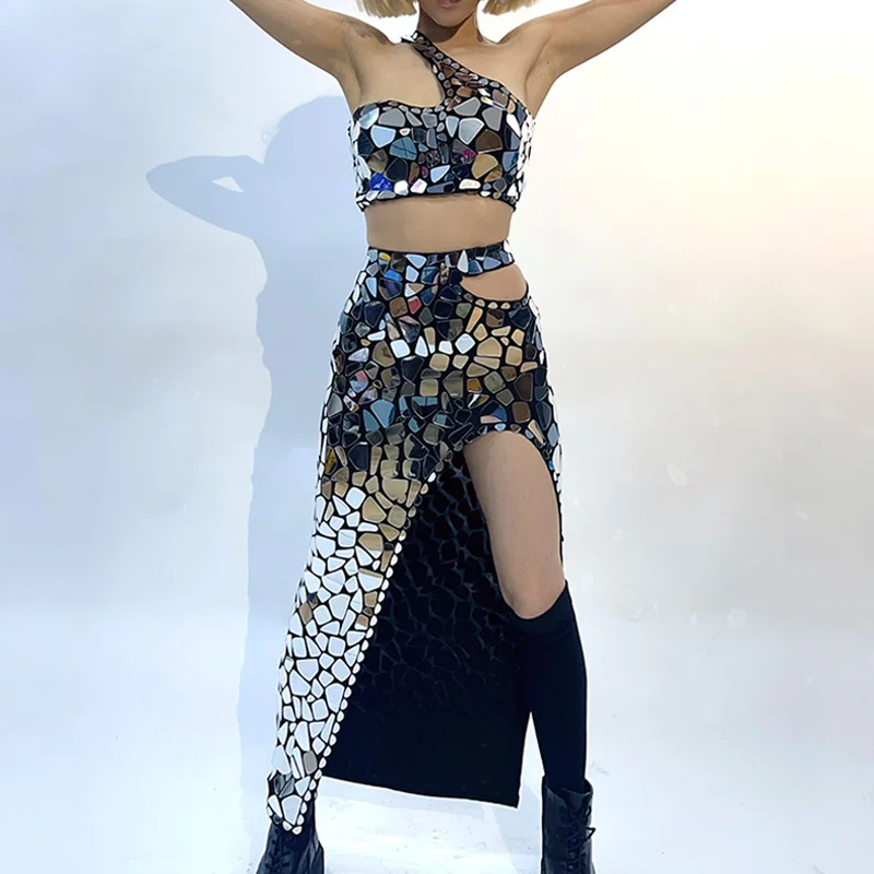 Strój Drag Queen Srebrna Sukienka Lustrzana Damska Kostium Sceniczny Występ Gogo Showgirl Odzież Taneczna Festiwal Rave YJ224