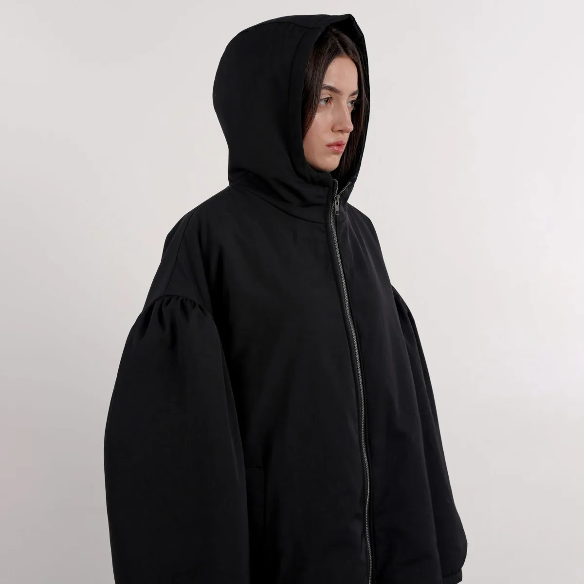 IG Women Oversized Hooded Puffer Jacket, Zip-Up Lantern Drawstring Sleeves, Winter Warm Casual Street Outerwear