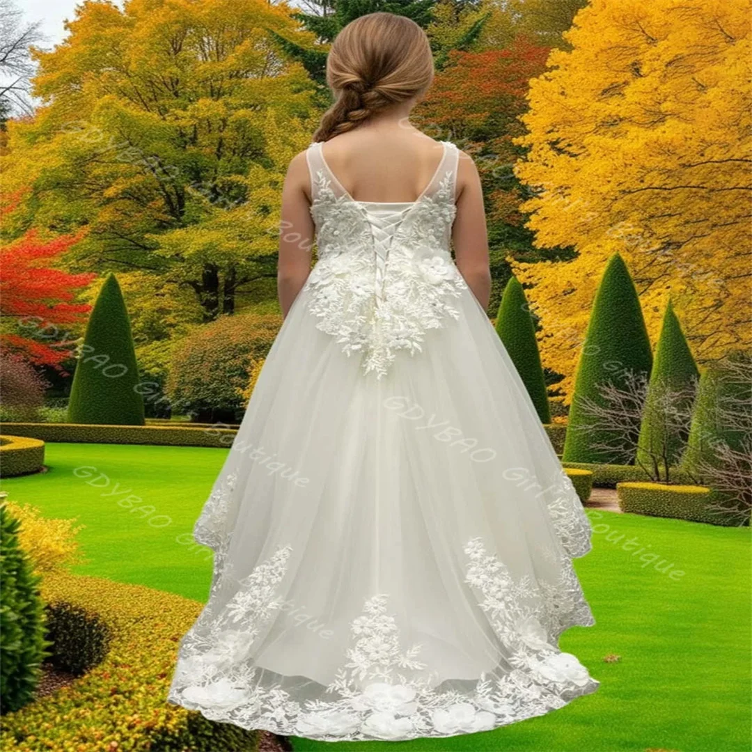 Communion Dress Ivory Flower Girl Dress for Wedding 2-14 Kids High Low Beaded Lace Applique First with Train Custom Vestidos
