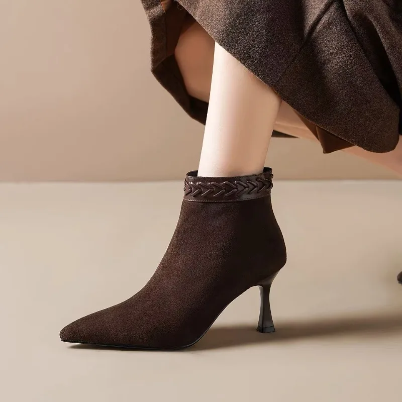 Knitted Women's Fashion 2026 Autumn and Winter New Item Slim Heel Pointed High-heeled Short Boots