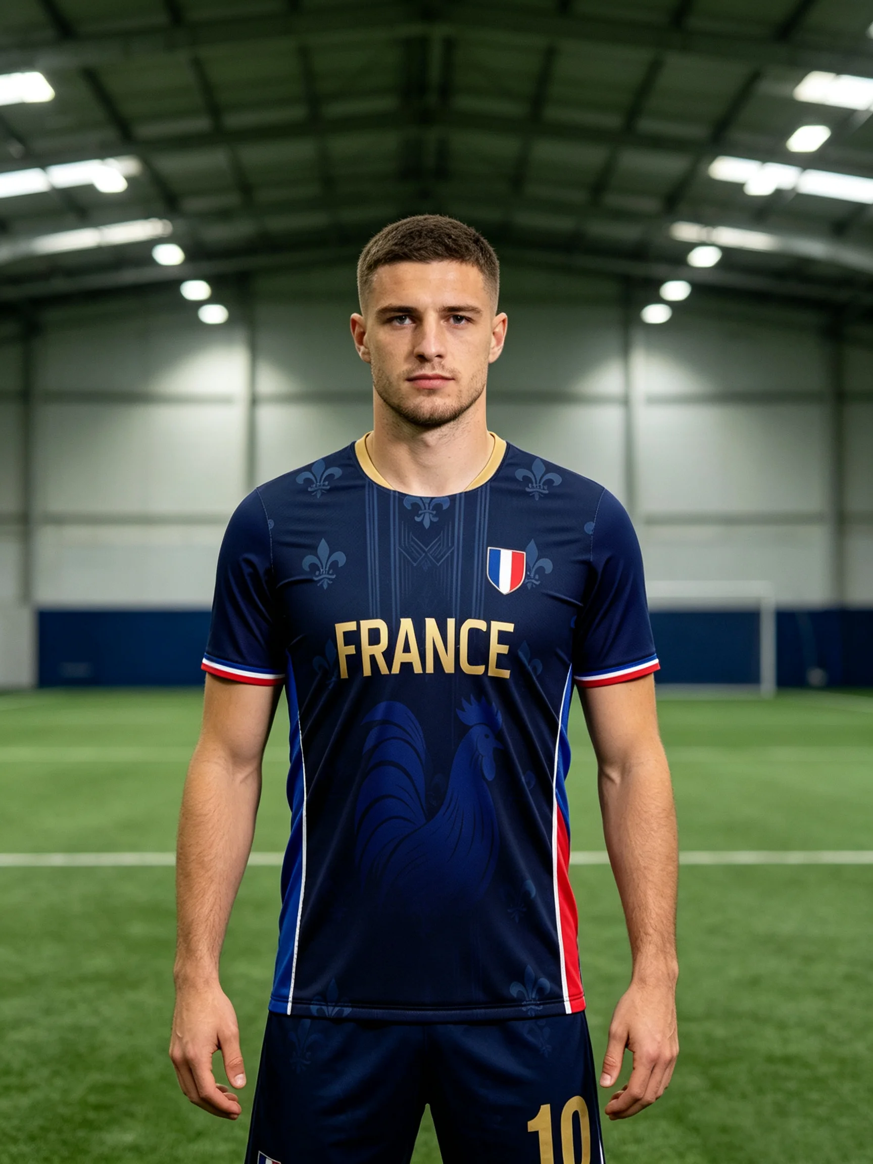 This jersey with tricolor chest badge and red‑blue side stripes boasts premium golden trim details