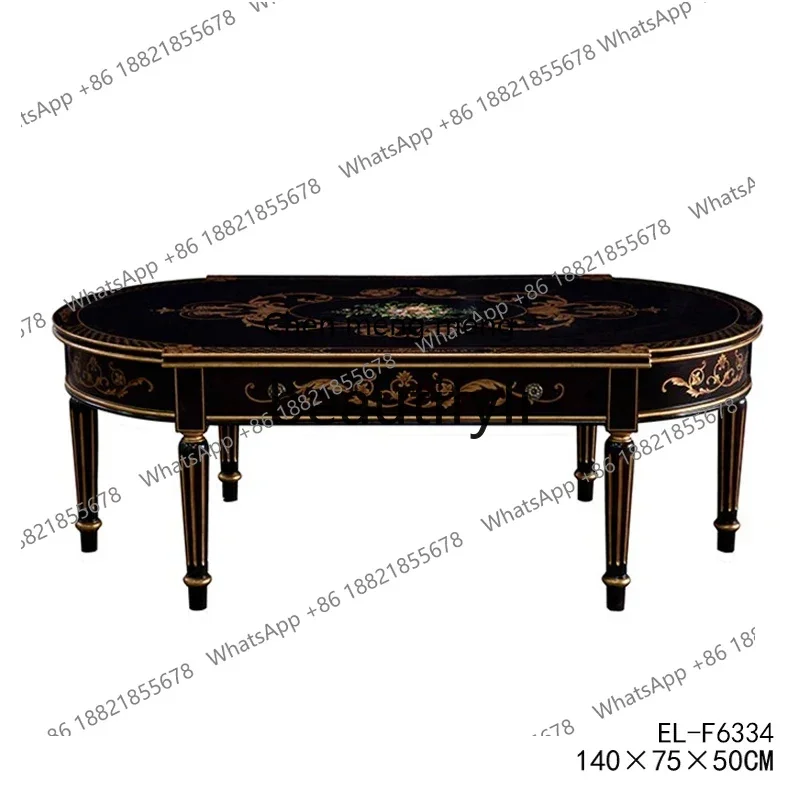 D178  European hand-painted tulip solid wood birch sticker gold foil black coffee table with drawer