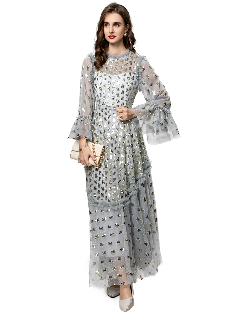 DLDENGHAN 女性の O ネックフレアスリーブスパンコール刺繍ヴィンテージボールガウンドレスファッション夏新