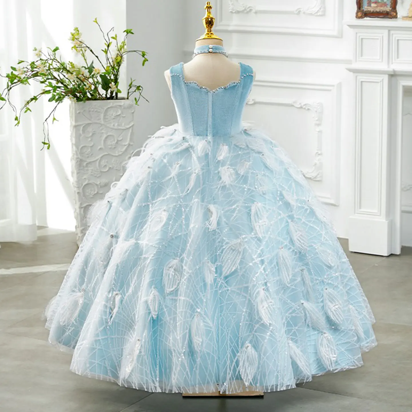 Jill Wish Luxus Dubai Himmelblau Mädchenkleider Stehkragen Feder Arabisch Prinzessin Kinder Geburtstag Hochzeit Party Ballkleid J128