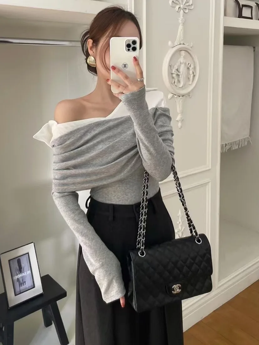 

Chic Spring Color Blo Long Sve Knitted Sweater Women's One oulder Large Collar Slimming Faionable Chinese Brand