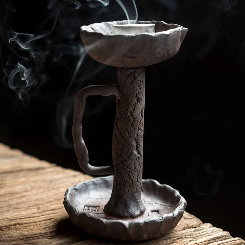 Simple Art Retro Stoneware Candle Holder Ornaments Japanese Household Retro Ceramic Handle Candle Holder Modern Home Decorations