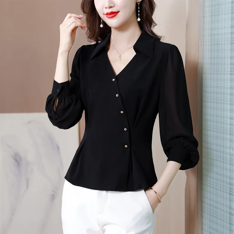 #2541 Spring Black Office Chiffon Blouse Women Long Sleeve V-neck Buttons Irregular Short Blouse Female Regular Fit Elegant