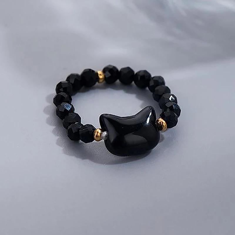 Kitty Minimalista Beading Anel de Dedo para Homens e Mulheres, Bonito Handmade, Preto e Branco Anel de Gato, Acessórios de Jóias para Festa