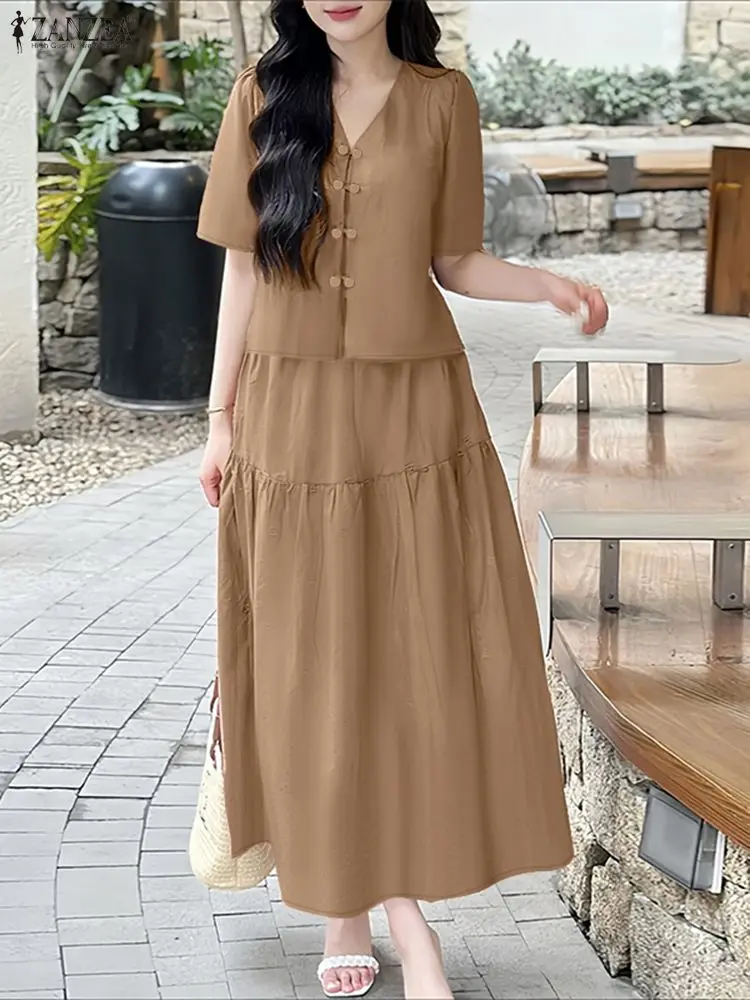 ZANZEA Pakaian Wanita Bergaya Musim Panas Set 2 Potong Blus Lengan Pendek Kerah V Gaun Setelan Elegan Polos OL Pakaian Kerja Tracksuit Ukuran Besar