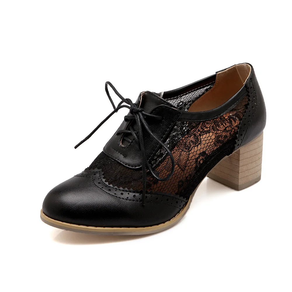 Big Size 43 Summer Vintage Lace Patchwork White Brogue Shoes Retro Black Square High Heels Pumps Lace-up Office Lady Daily Shoes_voghion.com