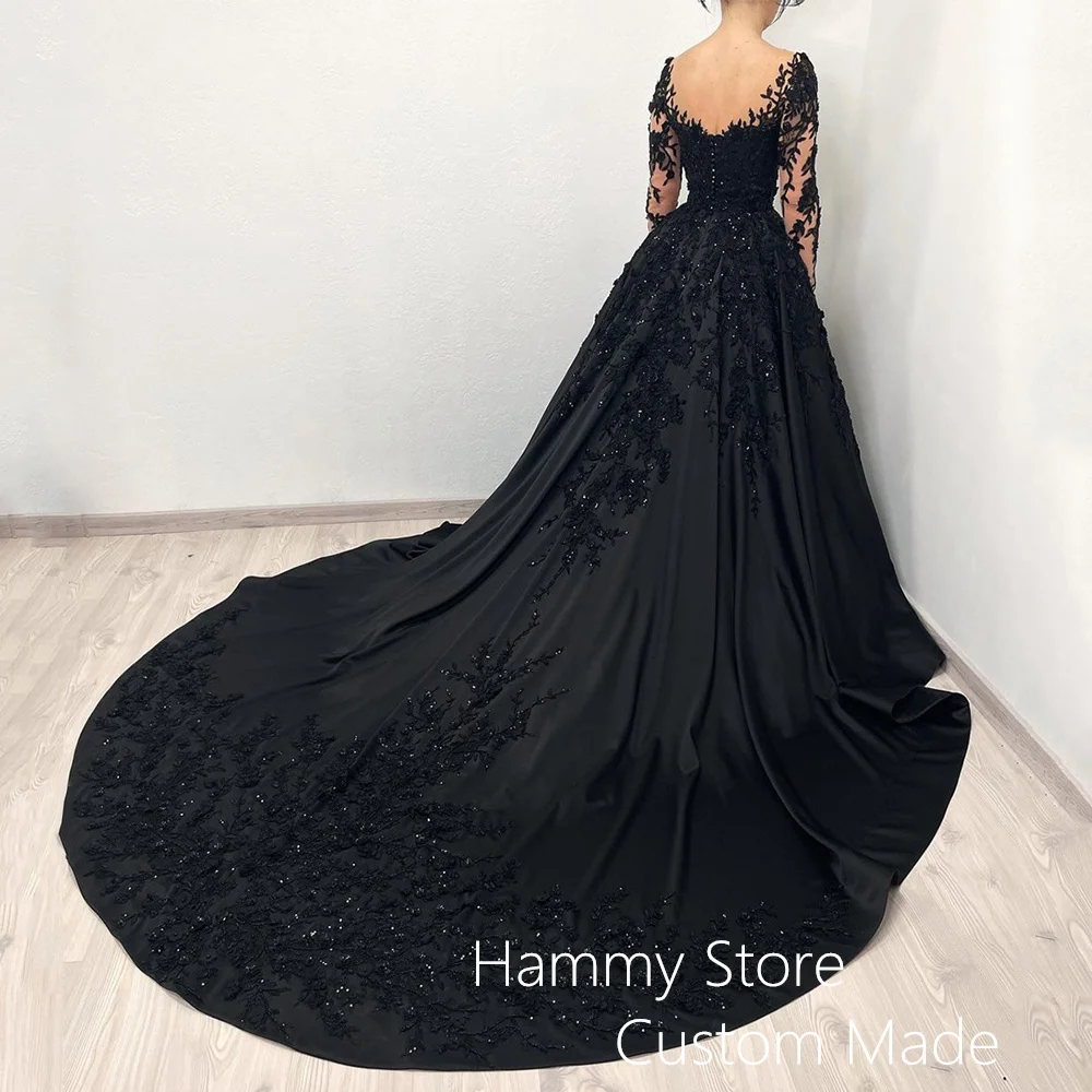 Long Sleeves Scoop Neck Black Wedding Dress Bride Dresses Customized Beading Sequined Applique A Line Satin Gothic Bridal Gown