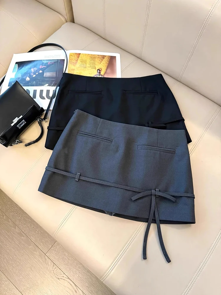 

Bow Lace Up Mini Skirts for Women Korean High Waist Office Lady All Match Skirt Y2K Fashion Streetwear Solid Simple A Line Skirt