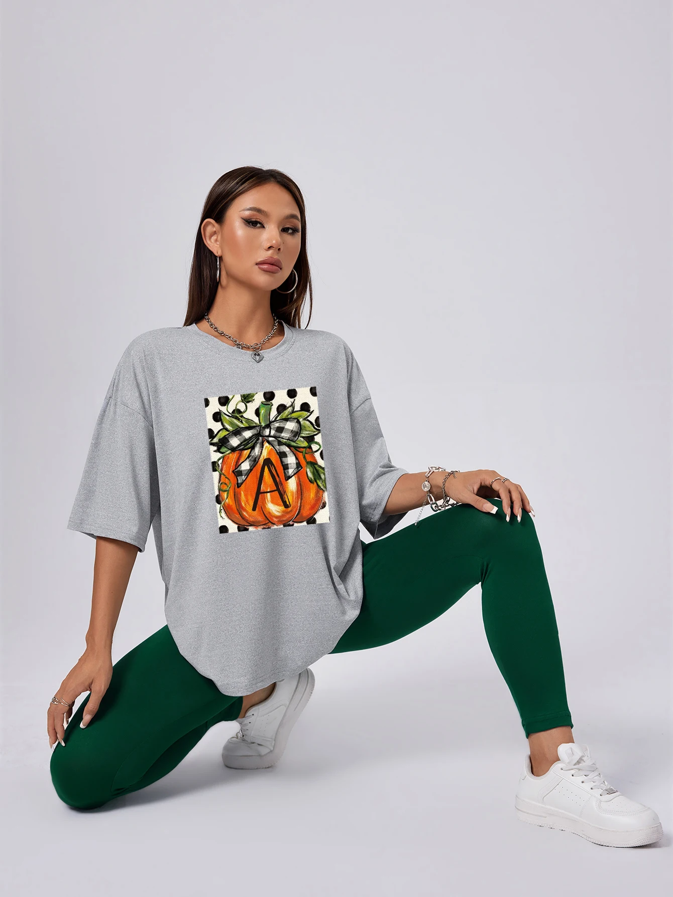 Women's Pumpkin Print 2-piece set, crew neck short-sleeved top and Pants Clothing 2024 Women's Activewear Fitness Suit for Women