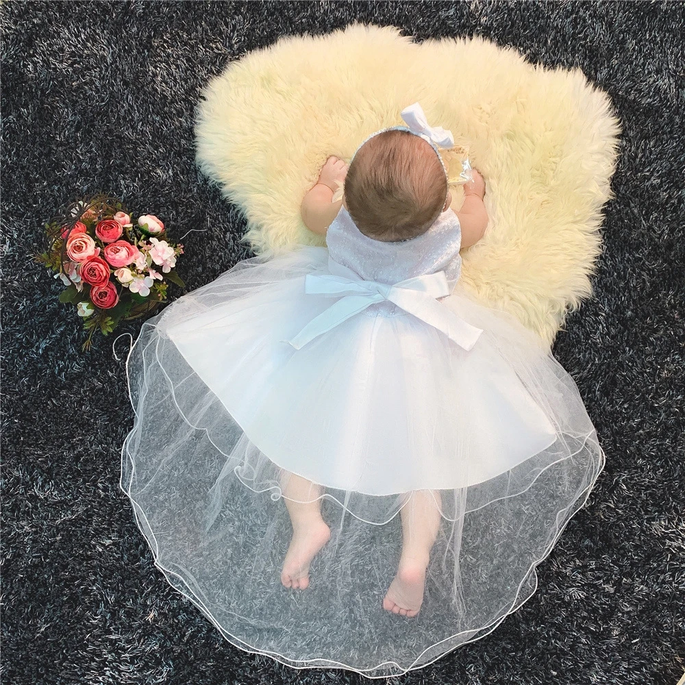 Newborn White Dress for Baby Girl Clothes 0 12 Months Infant Christening Dress+Headband Toddler Birthday Wedding Party Outfit