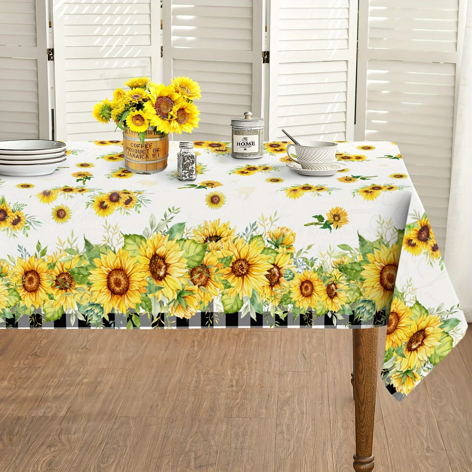 Summer Sunflower Buffalo Plaid Tablecloth Wedding Party Decor Watercolor Floral Plants Rectangle Table Cloths Home Decorations
