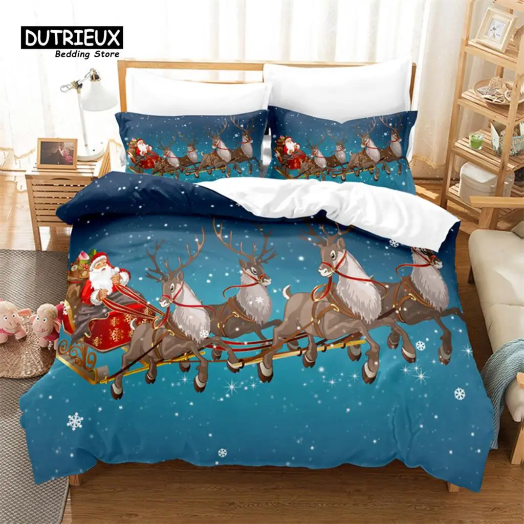 

3pcs Christmas Duvet Cover Set, Santa Clause Sleigh Bedding Set, Soft Comfortable Breathable Duvet Cover, For Bedroom Guest Room