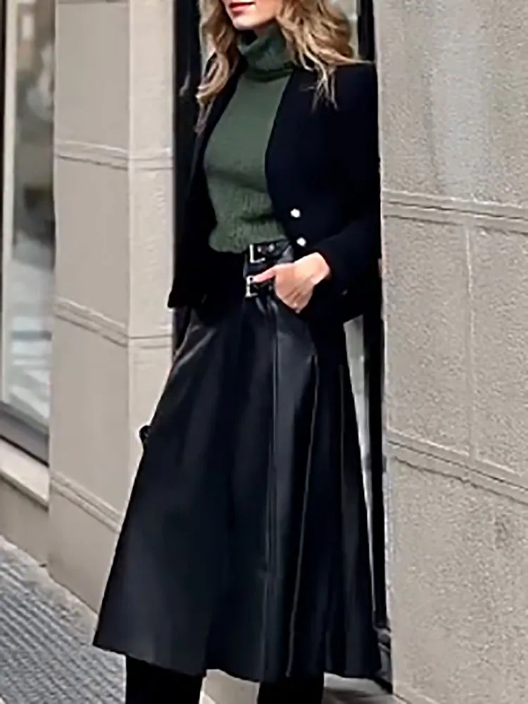 

Весенние модные однотонные юбки из искусственной кожи, женские элегантные длинные юбки с высокой талией и пряжкой на пуговицах, осенние свободные плиссированные юбки Mujer