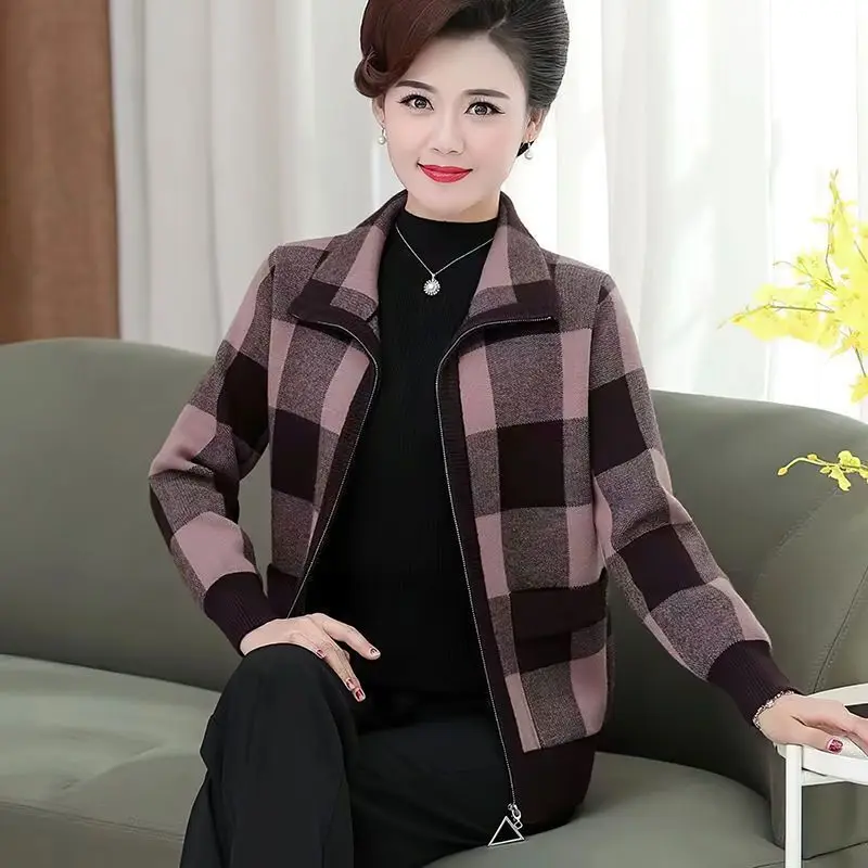 Office Lady Simplicity Autumn Winter Thin 2023 New Casual Fashion Loose Women's Clothing Plaid Turn-down Collar Zipper Jackets