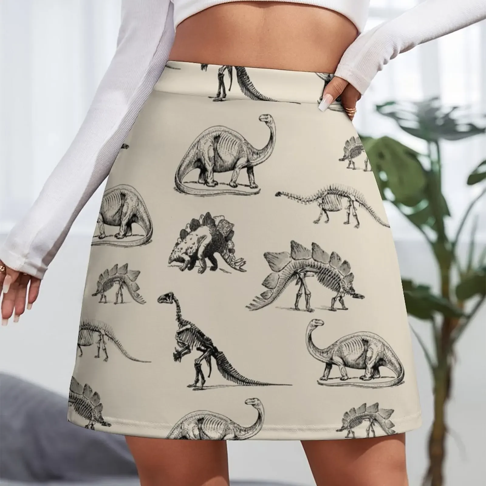 Vintage Museum Dinosaur Skeleton Illustrations, Black & Cream Dinos Mini Skirt Korean skirts Skirt for girls Mini Skirt