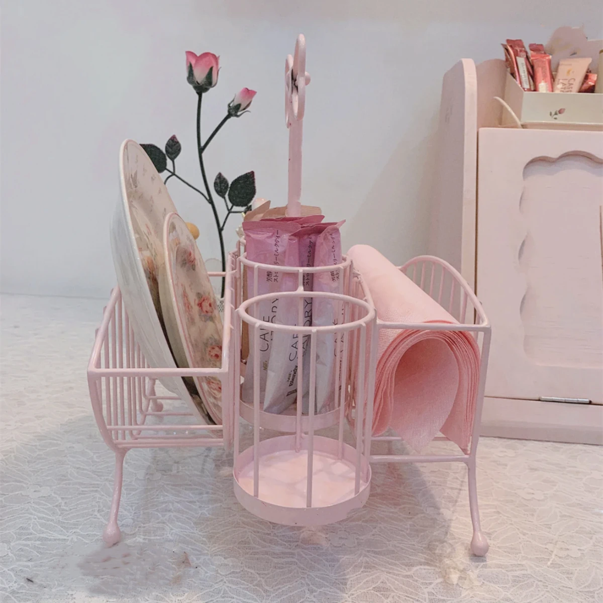 Multifunctional Iron Storage Rack, Pink Storage Rack, Dishes, Spoon, Kitchen