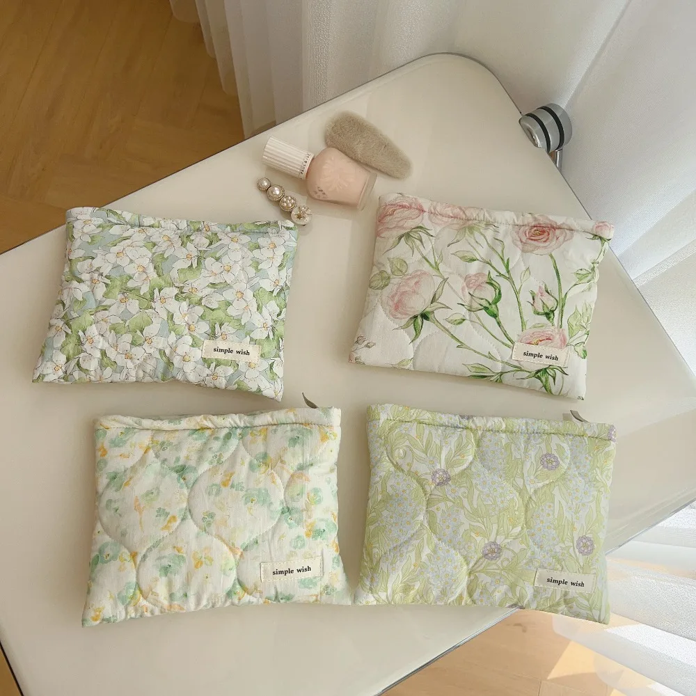 Square Flower Zipper Canvas Makeup Toiletries Organizer Bags Small Cotton Bath Washing Cosmetic Bag Mobile Phone Storage Bag