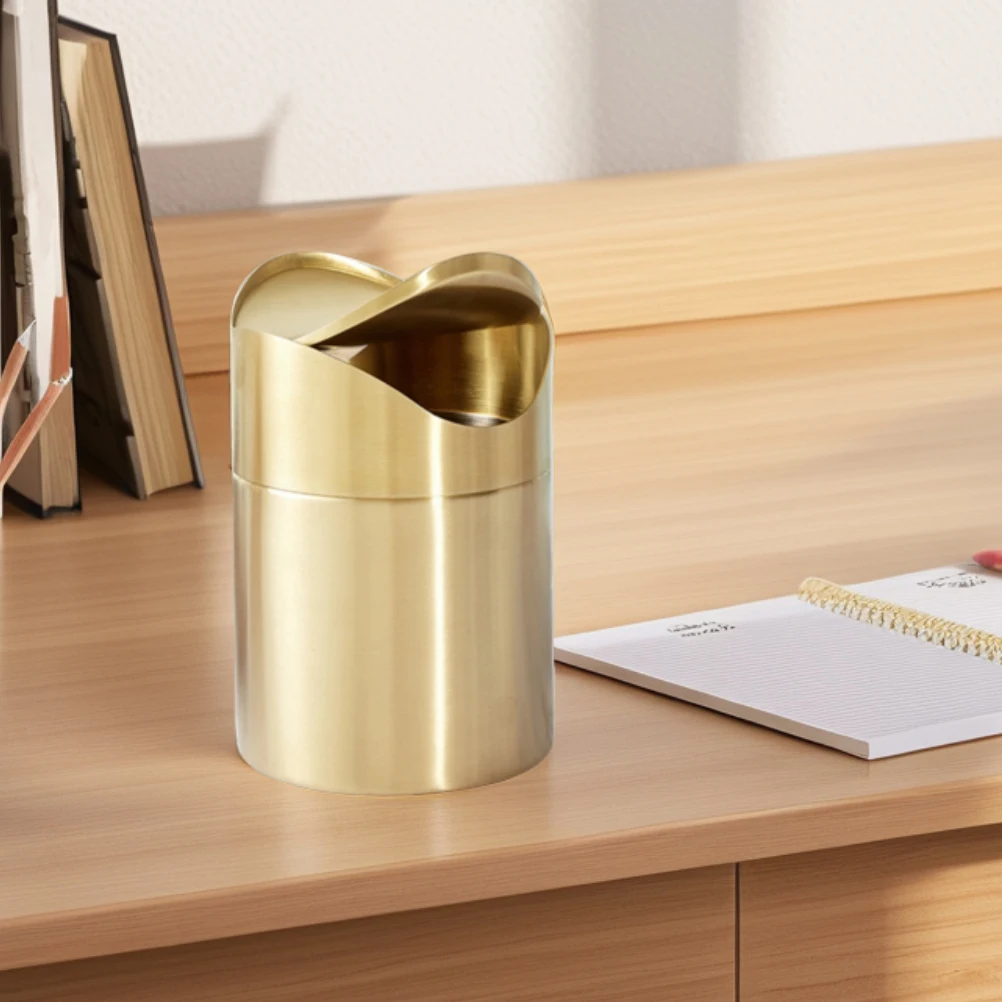 

Stainless Steel Trash Can Gold Counter Waste Basket Desktop Garbage Bin Car Use Office Wastebasket Storage Container Small Size