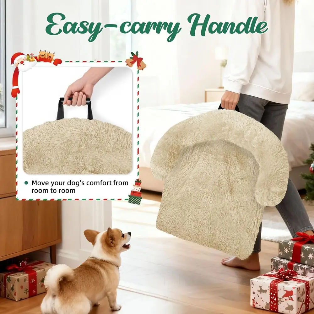 بطانية سرير كلب عيد الميلاد المنفوش - حصيرة قطيفة للأثاث، غطاء أريكة للعطلات، مناسب للكلاب والقطط المتوسطة (بيج)