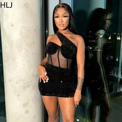 HLJ Black Woman Party Night Birthday Sequins Bodycon Dress Elegant Sexy Off Shoulder Mesh Patchwork Mini Dresses Club Outfit