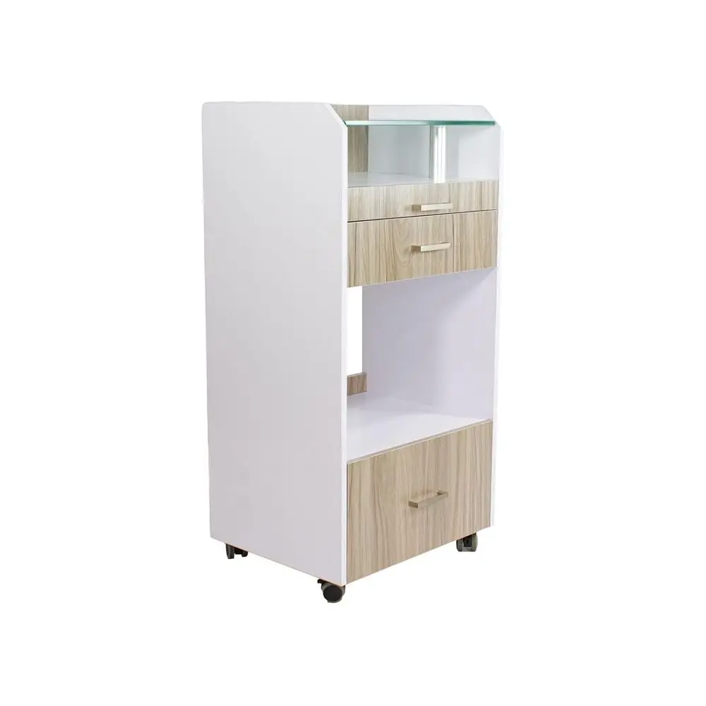 

Тележка на колесиках для салона с 3-мя ящиками, текстурой дерева, гладкая стеклянная крышка для макияжа и хранения в парикмахерской спа-салоне