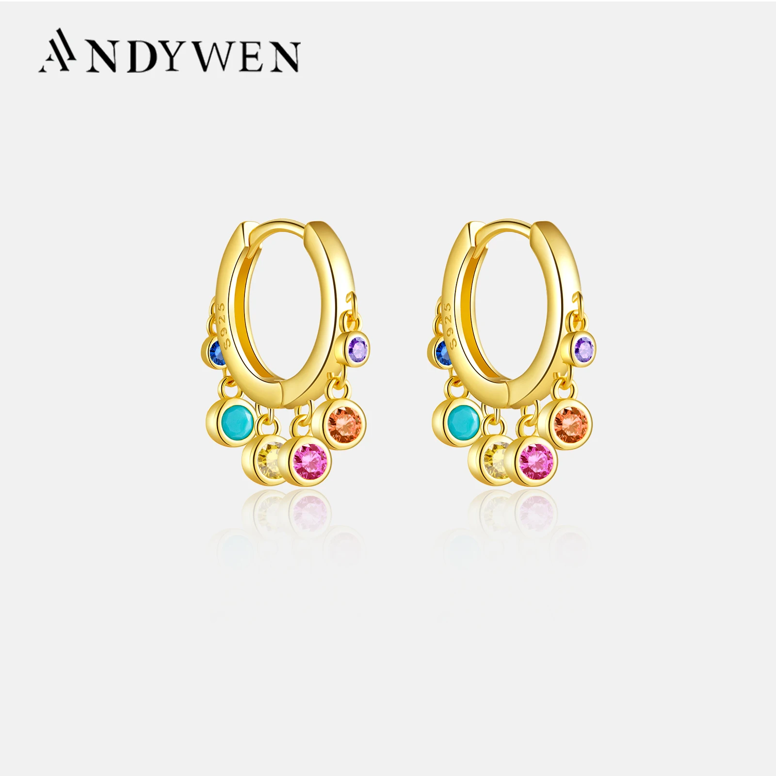 ANDYWEN 925 Sterling Silver 9.5mm Six Color Zircon Charm Piercing Ohrringe Drop Earring 2023 Pendiente Fashion Fine Jewelry