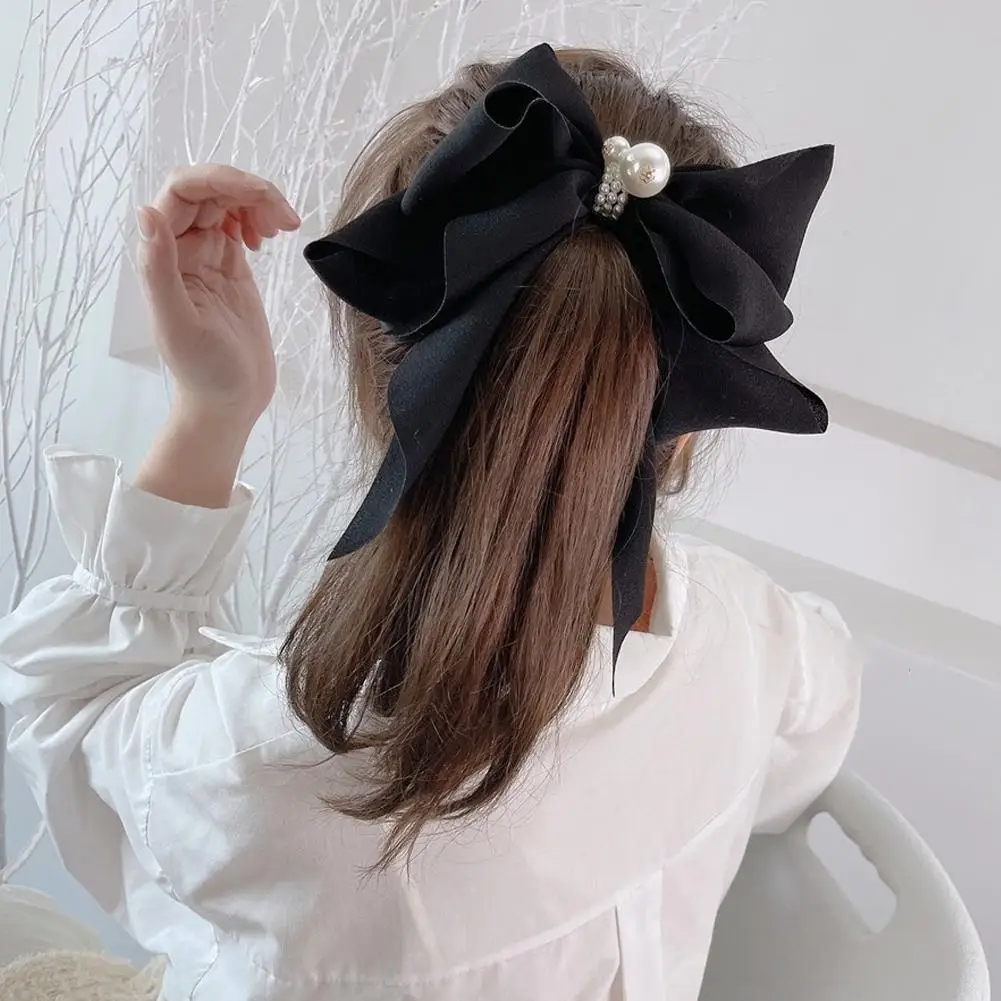 Fairy Knotted Long Ribbon Clip Chiffon Big Bow Pearl Hair Clip Ponytail Hairpin Women Hair Accessories For Girls Headwear