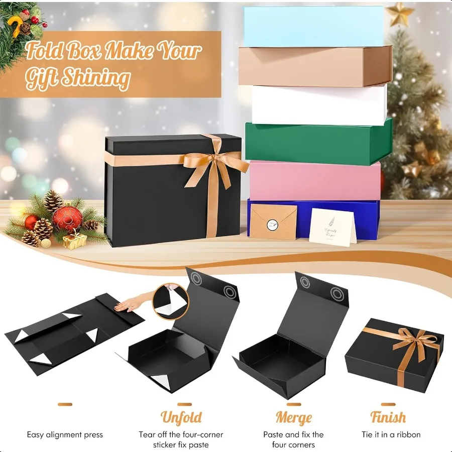 Geschenkbox 13 x 10 x 4 Zoll, große schwarze Geschenkbox mit Magnetdeckel für Geburtstagsgeschenke, enthält Kartenband, geschredderter Papierfüller