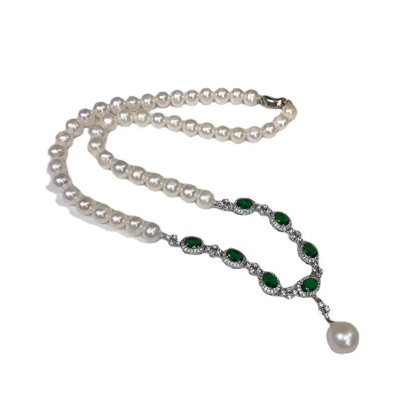 freshwater pearl white near round +GREEN zircon chain pendant necklace FPPJ