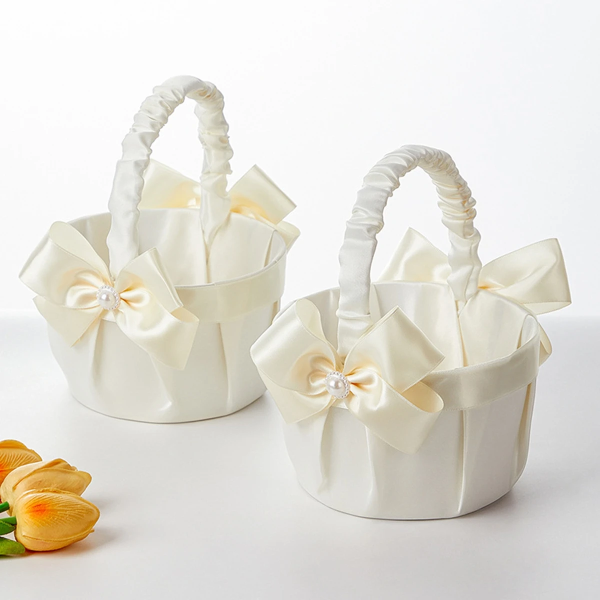 

Champagne Bow Silk Flower Basket Wedding Flower Girl Handheld Basket Romantic Bridal Shower Petal Candy Basket Party Table Decor